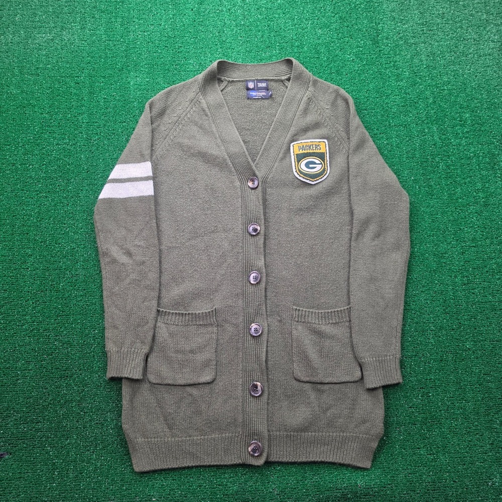 Green Bay Packers NFL Letterman Cardigan Sweater Womens Small/Medium Green Knit